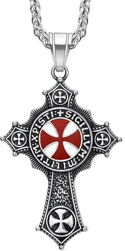 BOBIJOO Jewelry - Herrarnas religiösa tempelriddare hänge medaljong stål rött kors + kedja, utan_sten, utan_pierre