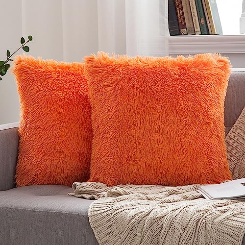 MIULEE Funda de Cojines de Pelusa Funda de Almohada de Felpa de Sofá Pelo Artificial Suave Invierno Decoracion para Cama Oficina Dormitorio Habitacion Silla Salon 2 Piezas 45x45cm Naranja
