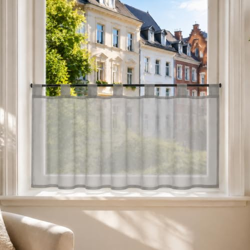 Joyswahl Scheibengardine Voile Bistrogardine Kurzstore Eva 45x90cm Grau | Unifarbige Gardine Stores,Transparent,1er Pack,Küchengardinen modern,Kurzgardine,Fenstergardinen Küchenfenster