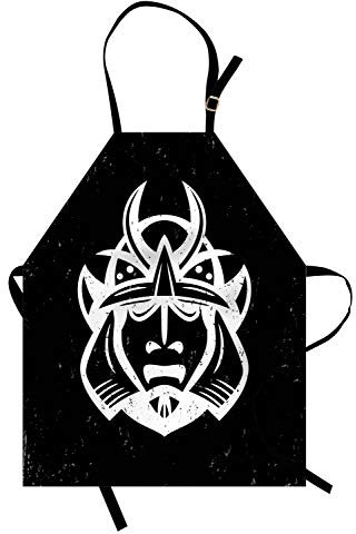 ABAKUHAUS Japanese Apron, Traditional Ancient Martial Equipment East Medieval Ancient Mythology Pattern, Unisex Kitchen Bib Apron with Adjustable Neck for Cooking Baking Gardening, White and Black