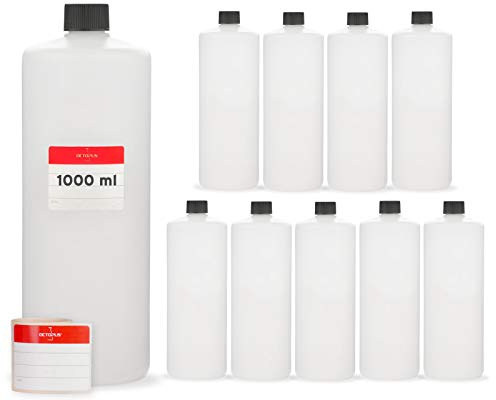 Octopus 10 x 1 000 ml plastflaskor, HDPE, 1 liter runda flaskor med skruvlock eller svarta lock, tomma flaskor med 25 mm tråd, märkning ingår