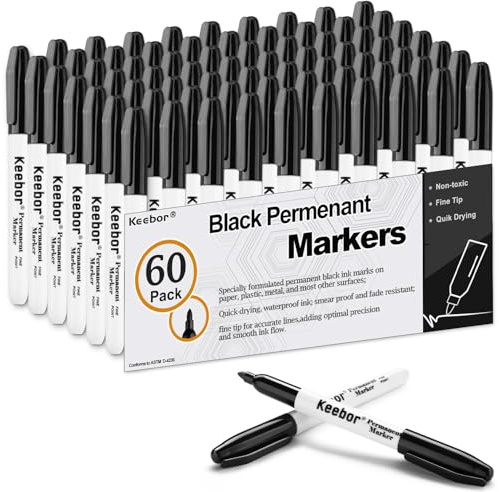 Keebor Permanent Markers Bulk, 60 Pack Black Permanent Markers, Quick Drying & Fade Resistant, Fine Point Marker Set for Wood, Plastic, Paper, Metal