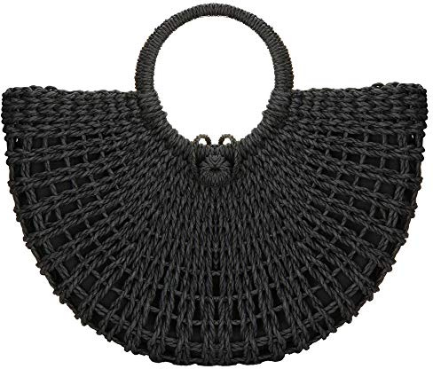 Straw Bags for Women,Hand-woven Straw Top-handle Bag with Round Ring Handle Summer Beach Rattan Tote Handbag (Black)