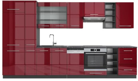 Vicco Küchenzeile Fame-Line, Bordeaux Hochglanz/Anthrazit, 355 cm | 12 Module · Höhenverstellbare Füße · Ohne Arbeitsplatte · MDF-Fronten · Softclose · Metallgriffe