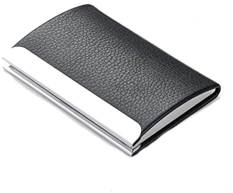 Visitenkartenetui Brieftasche Edelstahl PU Leder Visitenkarten Organizer Kreditkartenetui für Männer Frauen, Schwarz