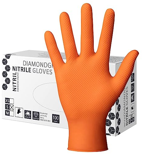 Herrmann Nitril Handschuh DiamantGrip Orange | Gr. M - 100 Stück | Perfekter GRIP Einweg Montage Schutzhandschuhe puderfrei latexfrei | Diamanttextur Nitril-Handschuhe