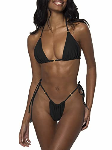 Damen Bikini Set Sexy Tanga String Bikini Badeanzüg Zweiteiliger Triangel mit Ring Badebekleidun Verstellbare Bademode Unterteil Seitlicher Schnürung (Schwarz, M)