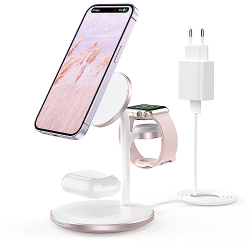 Estación de Carga inductiva, Cargador de estación de Carga inalámbrico 3 en 1, Cargador inalámbrico Compatible con Cargador mag Safe para iPhone 14 13 12 Pro MAX/Plus Apple Watch Ultra 8 Rosa