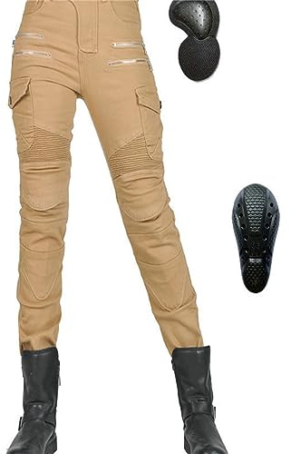 Femme Pantalon De Moto Protection Moto Pantalon Jeans De Moto Pantalon D'armure De Motard Pantalon De Protection Pour Vélo, 4 X Tapis De Protection (Khaki,S)
