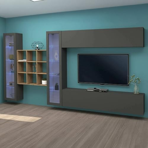 Dmora - Système mural Gustavo, ensemble de salon meuble TV 4 portes, meuble de salon polyvalent avec vitrine et lumière LED, 100% Made in Italy, 350x30h180 cm, Anthracite