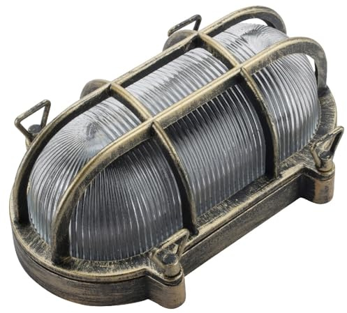Antique Brass & Ribbed Glass Outdoor Vintage Oval Flush Bulkhead Wall Light | 25cm Length | IP44 Rated | 1 x ES E27 Lamp Bulb Required | Bathroom Use | UK Approved | Low Profile Height Only 10.5cm