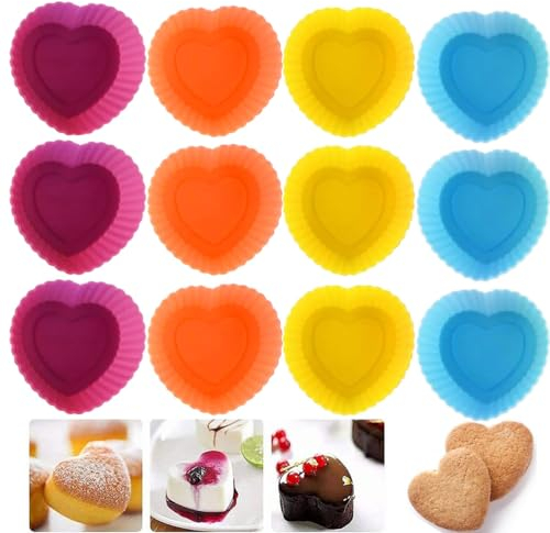LANYOTA Silikon Backform Mini Muffinform 12 Stück, Wiederverwendbare Muffinformen Cupcakeförmchen für Kuchen,Eincreme und Puddin, Silikonformen Backen, BPA-Frei, Silicone Mold (Herz)