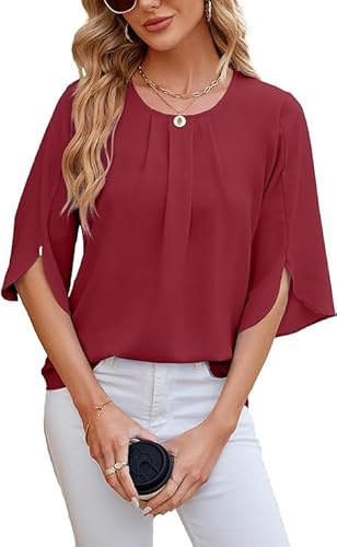 Haibang Camicia Donna Elegante a Manica a 3/4 Chiffon Blusa Girocollo Tunica Maglia Plissettata Camicetta Estiva Manica Corta Casual Colore Puro T-Shirt Top