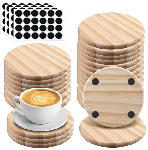 HOMURY Set di 24 sottobicchieri in legno: sottobicchieri in legno con tappetino antiscivolo, in bianco, rotondi, per fiori, piante, bevande, birra, vetro (10 x 10 x 0,8 cm)