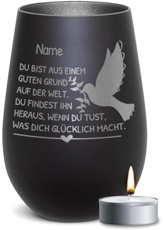 PR Print Royal Schwarzes Windlicht mit Gravur und Spruch - Tu, was Dich glücklich Macht - mit Name gravieren - Geschenke zur Taufe, Kommunion, Konfirmation | inkl. Teelicht, 450 ml, Innen Silber