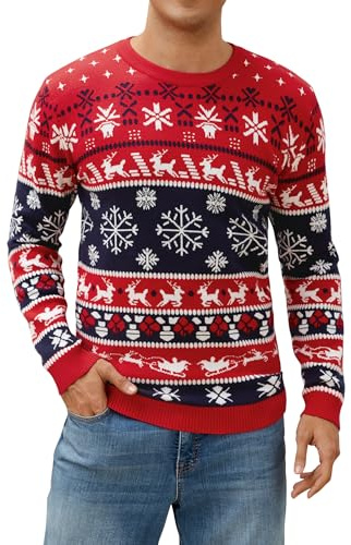 Atforna jultröja herr, ful jultröja, rolig jultröja med rund hals, stickad tröja med snöflinga för julfest, röd, XL