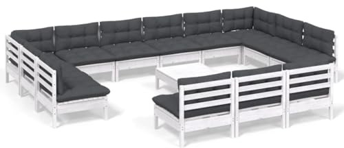 WEMYUFURN 14-TLG. Garten-Lounge-Set mit Kissen Weiß Kiefer Massivholz, Outdoor-Sitzgruppe, Terrassen-Lounge-Set, Garten-Couchgarnitur - Wetterbeständig, Komfortabel - für Terrasse, Garten und Balkon