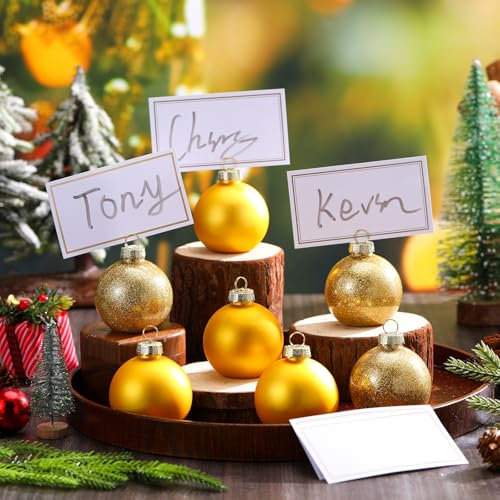 Qilery Tischkartenhalter mit Weihnachtsdekoration, 24 Stück und 48 Stück Namenskarten, goldfarbene Glaskugel, Tischkartenhalter für Weihnachten, Party, Tischdekoration, Hochzeitstag, Tischdekoration