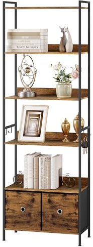 WOLTU Standregal, Bücherregal mit 5 Ablagen 2 Schubladen | stehendes Regal für Wohnzimmer Küche Arbeitszimmer Schlafzimmer, mit Metallrahmen, 63x187x30 cm, rustikales Braun + Schwarz