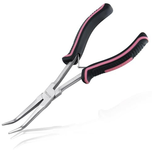 LEONTOOL 7-Inch Long Reach Bent Needle Nose Pliers Serrated Jaw Bent Nose Pliers Extra Long Needle Nose Pliers for Jewelry Making, Wire Wrapping and Object Gripping in Tight Spaces