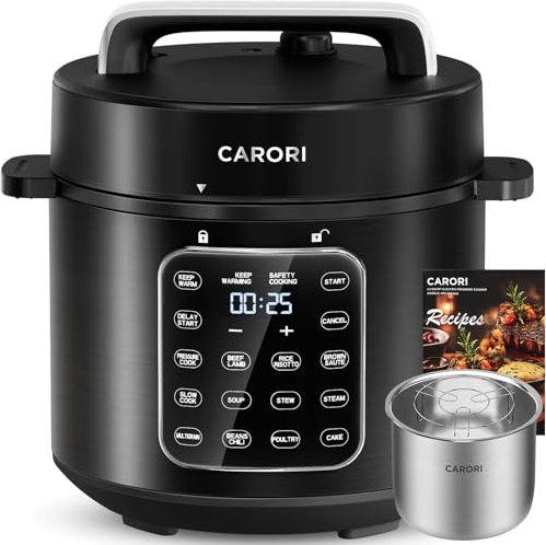 CARORI Pentola a pressione elettrica 9 in 1, 6 litri, multifunzione, programmabile con design di ventilazione più sicuro, cuociriso, cottura lenta, vapore, saltare, riscaldare e sterilizzare