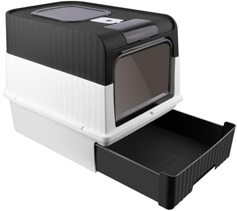 Bandeja de arena para gatos, casa de aseo gato plegable con tapa, bandeja de cajón y pala de caña, con 1 bolsa desodorante (Negro)
