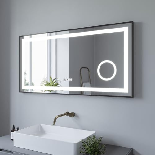 AQUABATOS® 120x60 cm LED Badspiegel mit Beleuchtung Badezimmerspiegel Digital Uhr Aluminiumrahmen Schwarz matt Touch Dimmbare Kaltweiß Beschlagfrei Heizung Schminkspiegel 3-Fach Vergrößerung