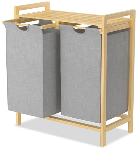 SUBTLETY 2x36L Wäschekorb aus Oxford-Gewebe 2 Fächer Abnehmbar Wäschesammler mit Ablage & Bambusrahmen Wäschesack Ausziehbar Wäschesortierer Effiziente Wäscheaufbewahrung für Waschküche (Grau)