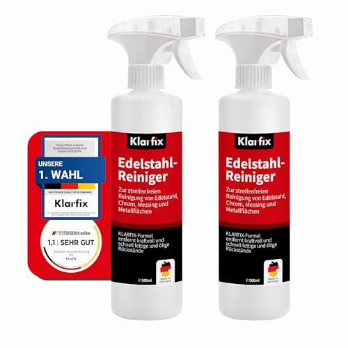 Klarfix Edelstahlreiniger 500 ml | Fettlöser für Grill, Spüle, Dunstabzug & Küche | Für alle Edelstahl-Oberflächen | Entfernt Verkrustungen & Fingerabdrücke | Made in Germany (2x 500ml)