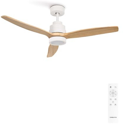 CREATE / WINDSTYLANCE S/Ventilador de techo con luz blanco aspas madera clara con mando / 40W, Silencioso, Ø112 cm, 6 velocidades, temporizador, función verano-invierno, doble altura