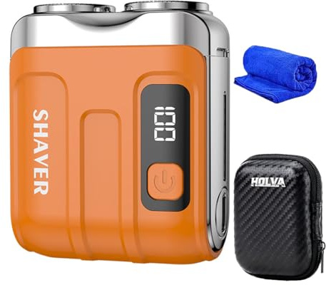 2025 New Mini Dual-Head Electric Shaver, Portable Rotary Dual Ring Electric Shaver, Mini Electric Razor with LED Display, Rechargeable Waterproof Pocket Razor for Men (Orange)