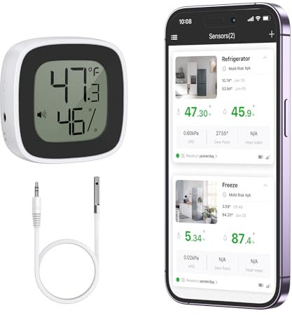 OQIMAX Thermometre Frigo Bluetooth, Thermomètre Congélateur avec Sonde, Stockage de Données, Thermometre Hygrometre Bluetooth, Thermomètre Numérique pour Rrefrigerateur avec APP pour Maison, Aquarium