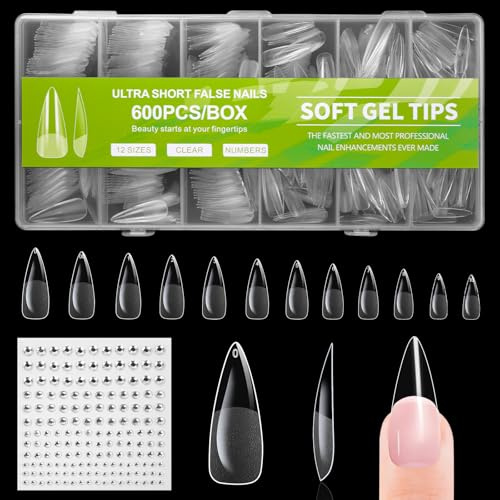BUTBU Nail Tips Long Stiletto,600 Stück Falsche Nagelspitzen, Soft Gel Tips | Nägel Tips Set, 12 Größen Künstliche Gel Halb Matte Nägel, für Nagelverlängerung und Nail Art DIY Nagelstudio zu Hause