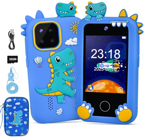 Elecoutek Kids Phone for Boy, Dinosaur Phone Toys for 3-10 Year Old Boys, Kids Mobile Phone Toy with Dual Cameras, 2.8 Inch Touchscreen, Music Player, Games, 32 GB Card and Bag (Blue)