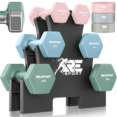 RE:SPORT® Hantelset 3 Paar, 1kg - 5kg, 12kg oder 18kg mit 3x Fitnessbänder | Rutschfeste Neopren Kurzhanteln für Damen & Herren inkl. Ständer | Hanteln Hantel-Set Workout Fitness Krafttraining