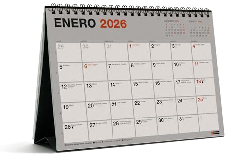 Miquelrius - Calendrier de bureau 2026, papier 100% recyclé post-consommation, organiseur mensuel A5 : 210 x 148,5 mm, avec double spirale et espace pour noter, planificateur de bureau, espagnol