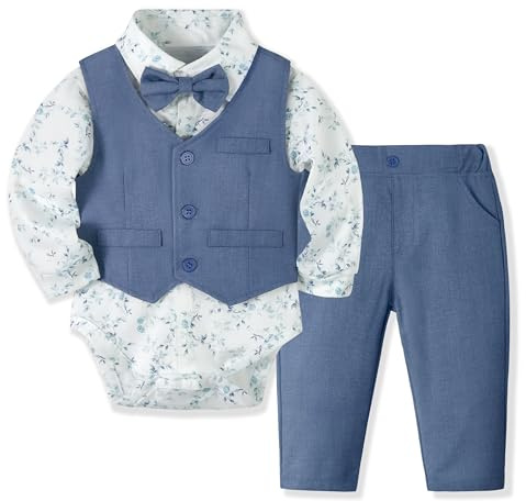Volunboy Dräkter för baby pojkar bröllop, dop västset, skjorta, byxor, fluga, Blått tryck, 9-12 månader
