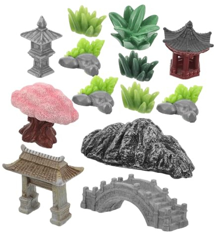 VALICLUD Miniature Zen Garden Figurines Bridge Pavilions Stone Pagoda for Fairy Garden Accessories Balcony Patio Porch Terrarium Decor