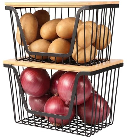 2 Pack Onion and Potato Storage Bins, Stackable Pantry Organizers Storage, Large Wire Storage Basket for Onion, Potato, Fruit, Vegetables