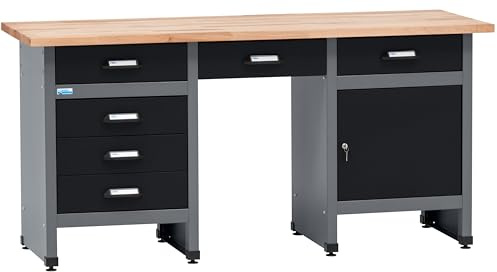 Küpper Werkbank 12579, 170 x 60 x 84 cm, 6 Schubladen, 1 Tür, 300 kg Traglast, 30 mm Massive Buchenarbeitsplatte (Schwarz)