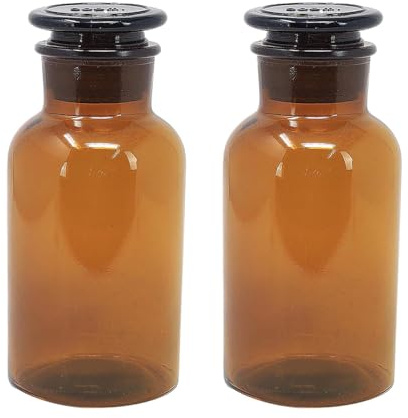 UNIQUE HOME LIVING UHL Apothecary Jar Set of 2 Reagent Bottles, 500ml Amber Glass Storage Jars with Lid, Vintage Reusable Container Refillable Bottles for Essential Oils, Bath Salts, Lotion, Perfume