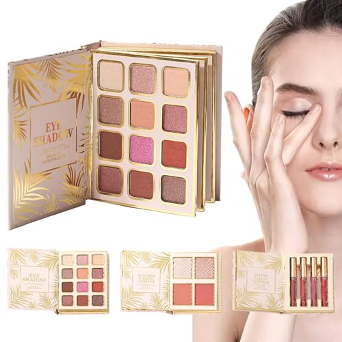 Palette di Trucco con Effetto Glitter 12 Colori di Ombretti Sfumabili | Ombretti Scintillanti Stile Libro con 4 Fard e 4 Lip Gloss per Donne, Ragazze, Bellezza, Festa, Uso Quotidiano, Palco