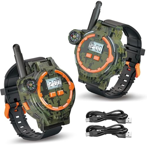 1 paio di walkie-talkie ricaricabili tramite USB per bambini, orologio walkie-talkie bidirezionale a lungo raggio con bussola, torcia elettrica e ora e data regolabili, attrezzatura da campeggio po
