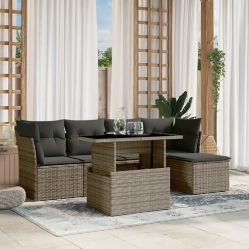 Yunovire 6-TLG. Garten-Sofagarnitur Grau Poly Rattan, Modulares Outdoor Loungeset mit Kissen, Verstellbarer Tisch, 110 kg Traglast, für Terrasse, Balkon, Außenbereich