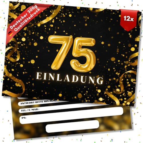 HIDEBLOOM 75. Geburtstag Einladungskarten - 12 Stück - DIN A6 (10,5 cm x 14,8 cm) - Geburtstagseinladungen Einladungskarten Geburtstag - 75 Gold