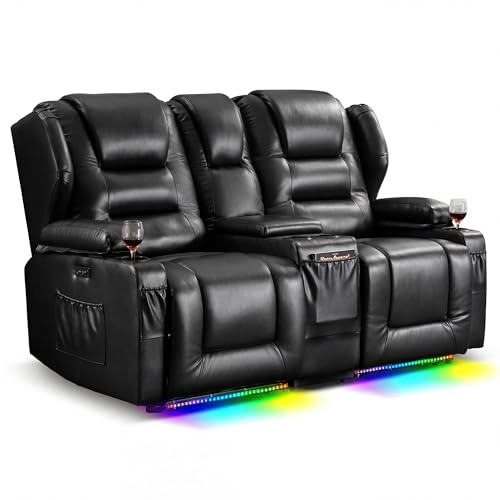 TCGBKAF Elektrischer Kinosessel 2 Sitzer mit Console,Zweisitzer Fernsehsessel mit Liegefunktion,Verstellbarer Relaxsessel 2er mit Getränkehalter,TV Sessel fürs Wohnzimmer (Schwarz, 2 Sitzer+Console)