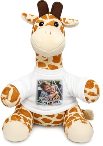 Kuscheltier Giraffe personalisiert – Flauschiges Plüschtier mit weißem T-Shirt zum Bedrucken – Weicher Teddybär für Babys & Kinder – Geschenk zur Geburt & Geburtstag
