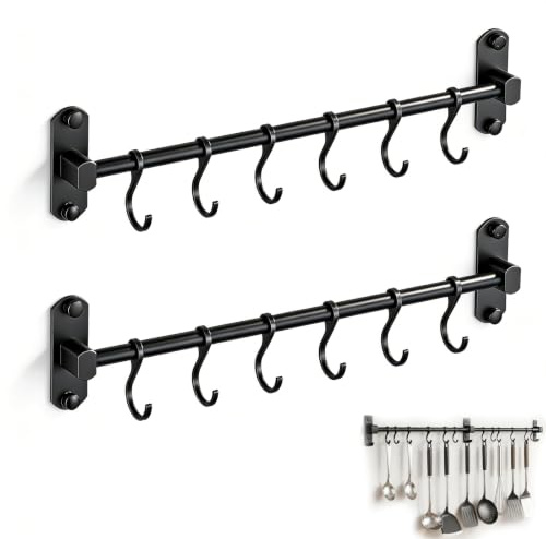 Ysislybin Soporte Utensilios Cocina, Ganchos Barra Accesorios Cocinas 80 cm con 12 Ganchos Móviles Barra Colgante de Cocina Aluminio Colgador de Utensilios y Accesorios Autoadhesiva, Negro