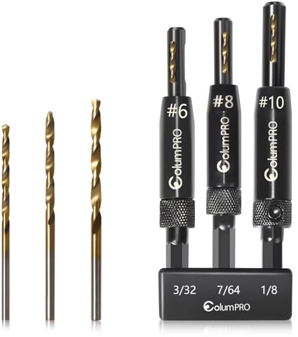 ColumPRO 3 PCS HSS Self Centering Drill Bit Set, 3/32(#6),7/64(#8),1/8 (#10) Titanium-Plated Left-Handed Countersink Pilot Hole Drill Bit for Door, Window & Cabinet Woodworking