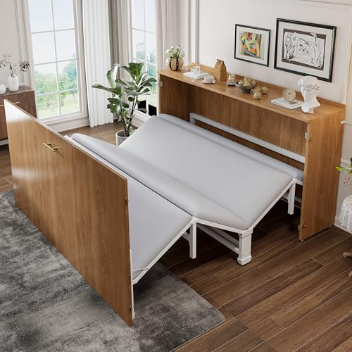 Schrankbett 140x200, Klappbares Doppelbett mit Matratze und Lattenrost, Wandbett Klappbett mit Schrank, Vertikal Schrankbett Gästebett Wandklappbett Murphy Bed Bettschrank mit Leisen Rollen,Holzfarbe
